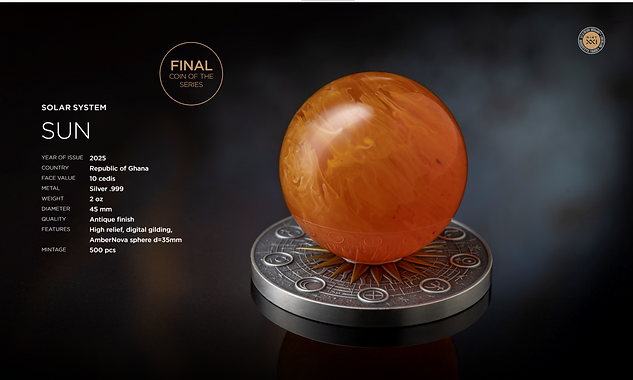 Ghana 2025 10 Cedis SUN Solar System 2 oz Antique Silver Coin Stand  & Removable Amber  Planet Sun