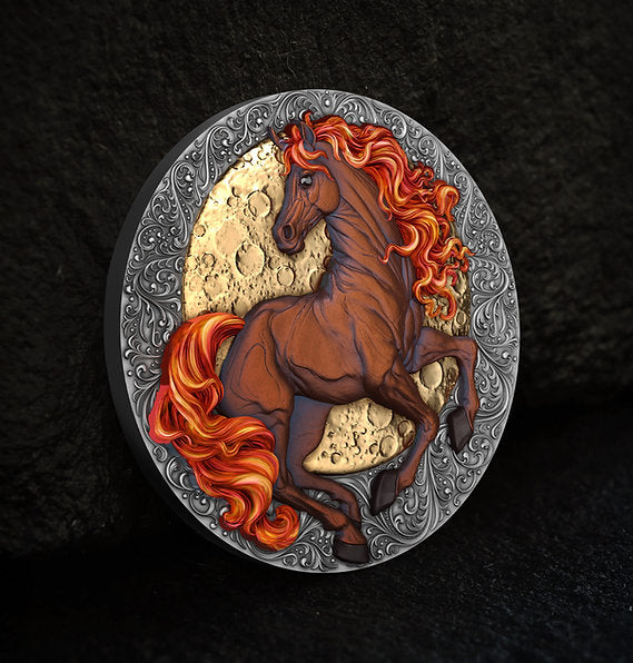 Decorative coin with a horse design on a dark background