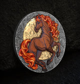 Decorative coin with a horse design on a dark background