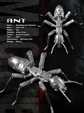 Cameroon 2025 500 Francs CFA MECHANICAL ANT 3D .925 Antique Silver Coin