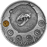 Silver coin with a panther design and text 'Republic of Amberia 2026' on a white background