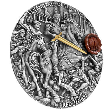 Niue 2025 $7 RED HORSE of VICTORY Seven Seals of the Apocalypse 3 Oz .999 Coloured and Gilded Antique Silver Coin