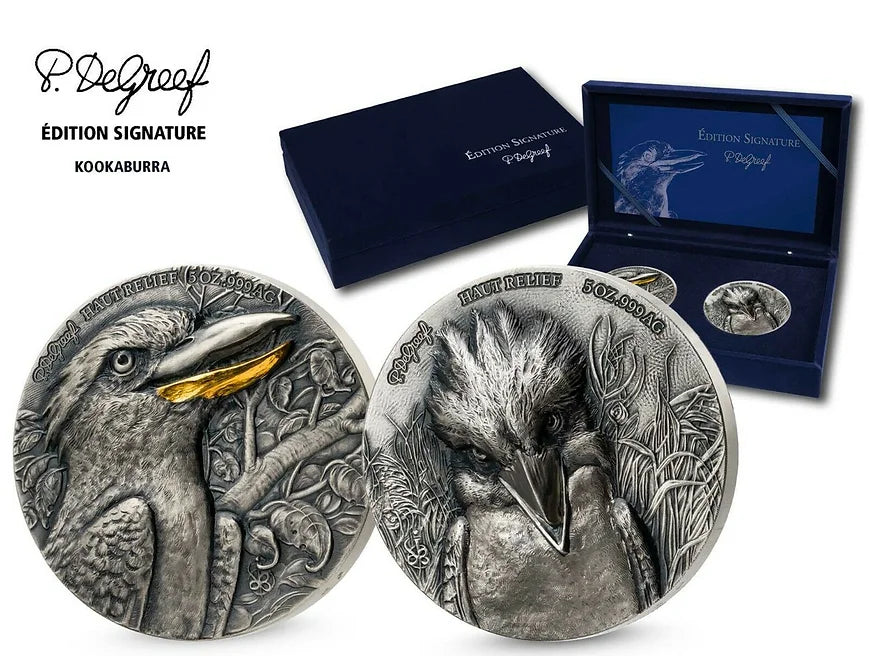 Ivory Coast 2022 5000 Francs CFA Signature Edition Kookaburra 2 x 5oz .999 Antique Silver Set