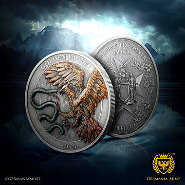Germania Mint Malta 2024 10 Euro GOLDEN EAGLE 2 oz 999.9 Antique Silver BU HR Limited Edition
