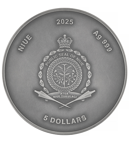Silver coin with Niue emblem and text on a white background