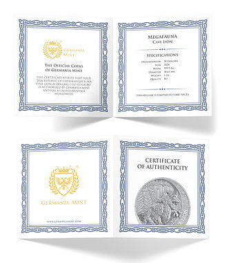 Four certificate of authenticity cards for coins on a white background