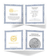 Four certificate of authenticity cards for coins on a white background