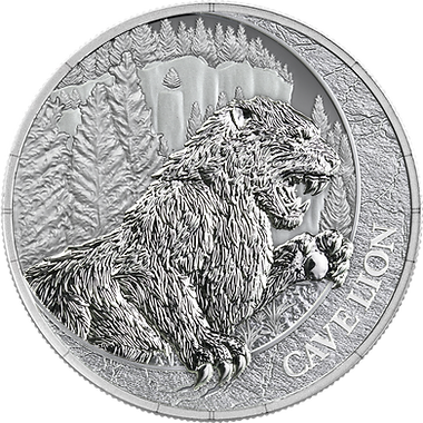 Silver coin featuring a bear in a forest design with 'Cave llion' branding.