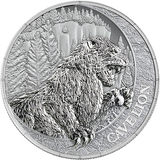 Silver coin featuring a bear in a forest design with 'Cave llion' branding.