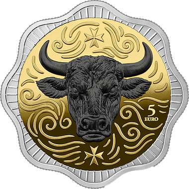 Gold and silver coin with a bull design and '5 Euro' text on a white background