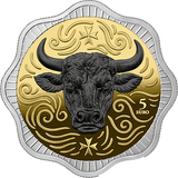 Gold and silver coin with a bull design and '5 Euro' text on a white background