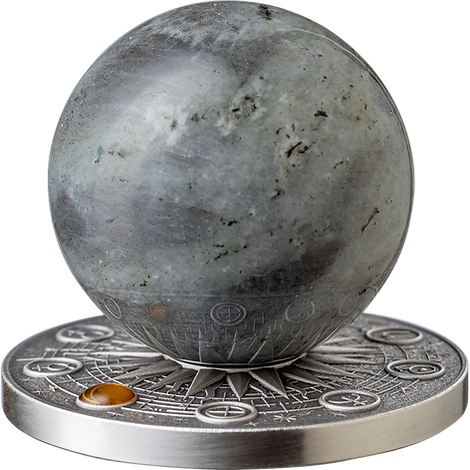 Ghana 2024 10 Cedis MOON Solar System 2 oz Antique Silver  Coin Stand  & Removable Labradorite  Planet Moon