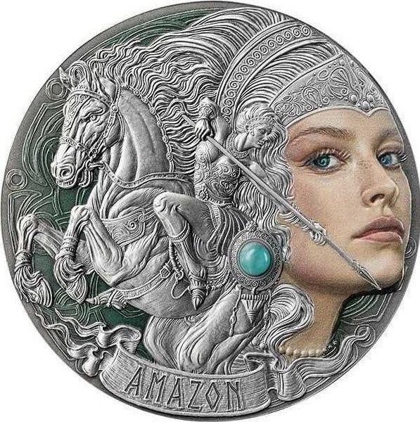 Cameroon 2024 2000 Francs CFA AMAZON Femina Bellator 2oz Coloured Antique Silver Coin