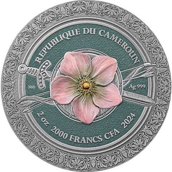 Cameroon 2024 2000 Francs CFA AMAZON Femina Bellator 2oz Coloured Antique Silver Coin