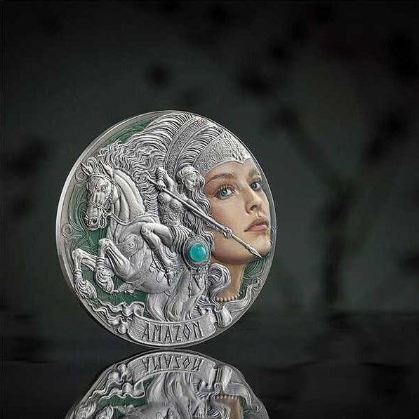 Cameroon 2024 2000 Francs CFA AMAZON Femina Bellator 2oz Coloured Antique Silver Coin