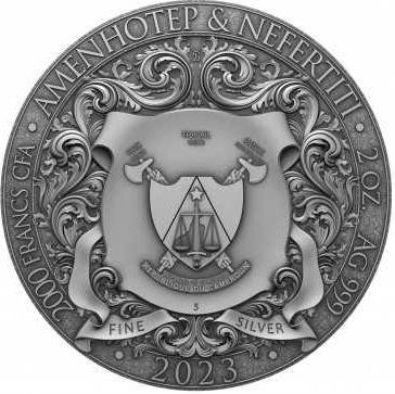 Cameroon 2023 2000 Francs AMENHOTEP &amp; NEFERTITI 2 Oz Antique Silver Gilded Coin Obverse
