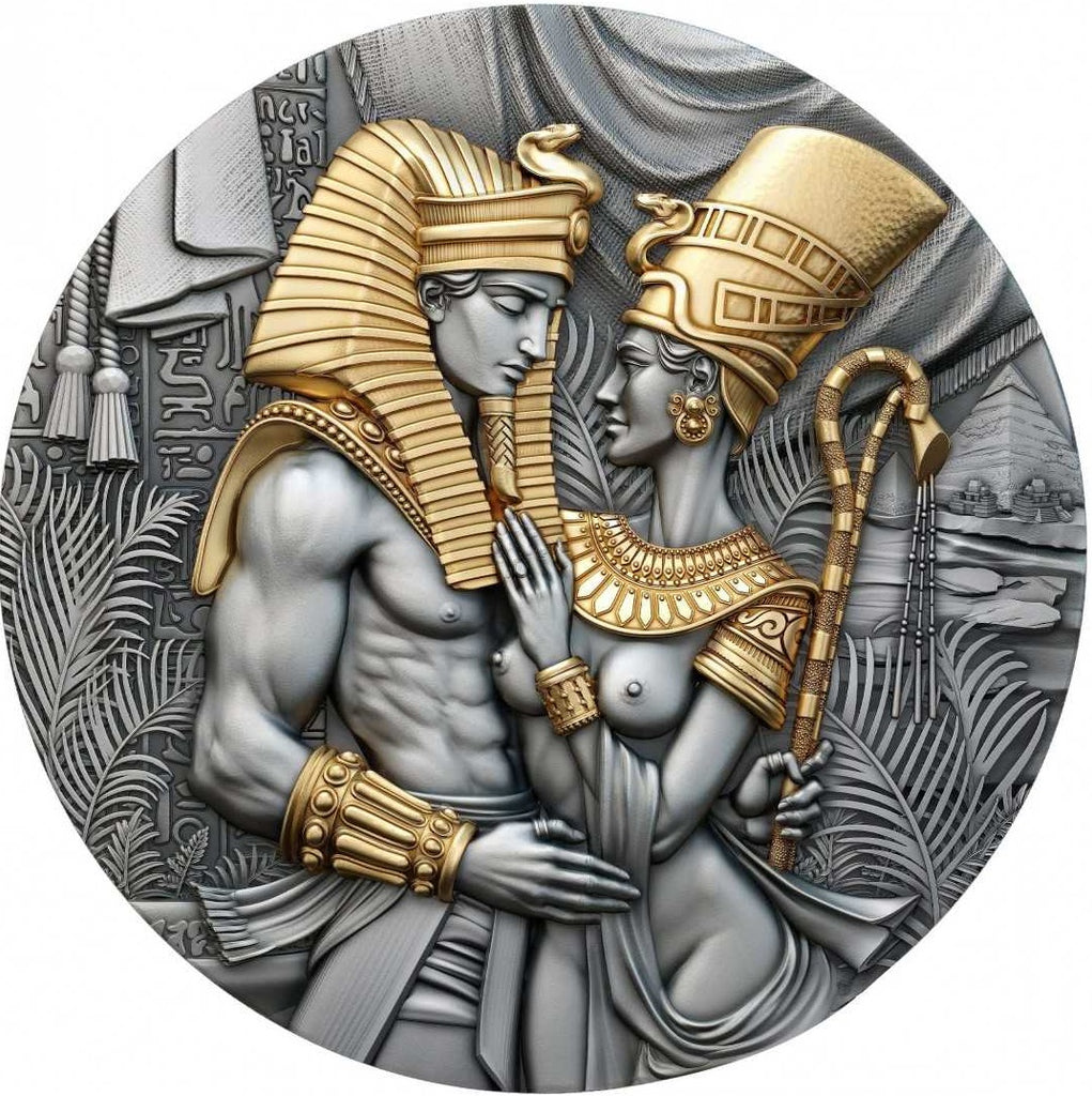 Cameroon 2023 2000 Francs AMENHOTEP &amp; NEFERTITI 2 Oz Antique Silver Gilded Coin Reverse