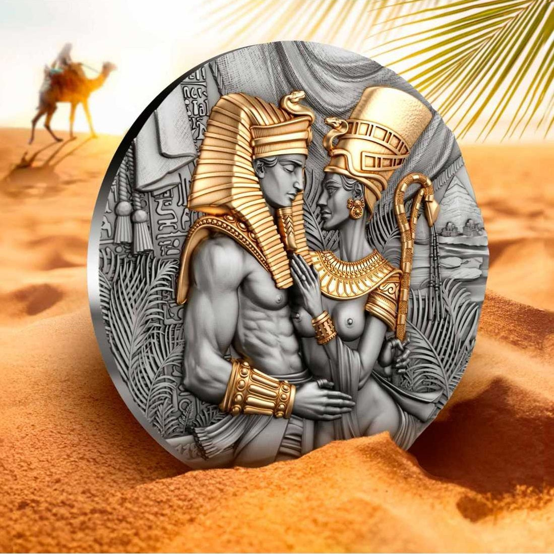 Cameroon 2023 2000 Francs AMENHOTEP &amp; NEFERTITI 2 Oz Antique Silver Gilded Coin Shipper