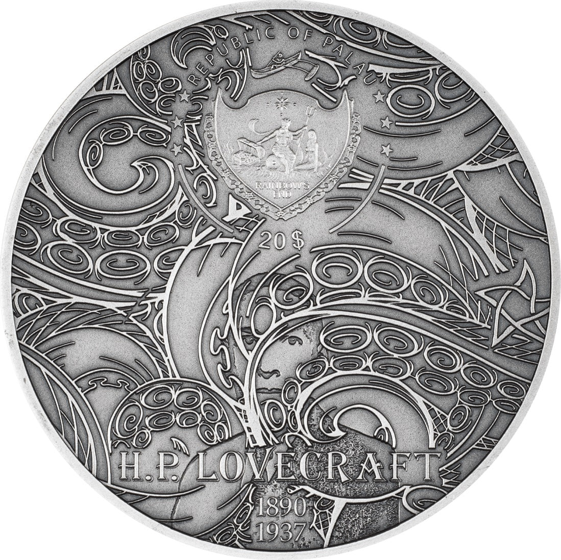 Palau 2023 $20 AZATHOTH Howard Phillips Lovecraft 3 Oz  Antique Silver Coin CIT Smartminting®