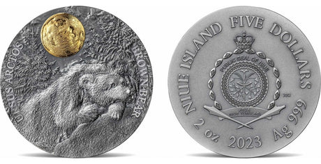Niue 2023 $5 BROWN BEAR Wildlife in the Moonlight 2 Oz .999 Antique Silver Coin