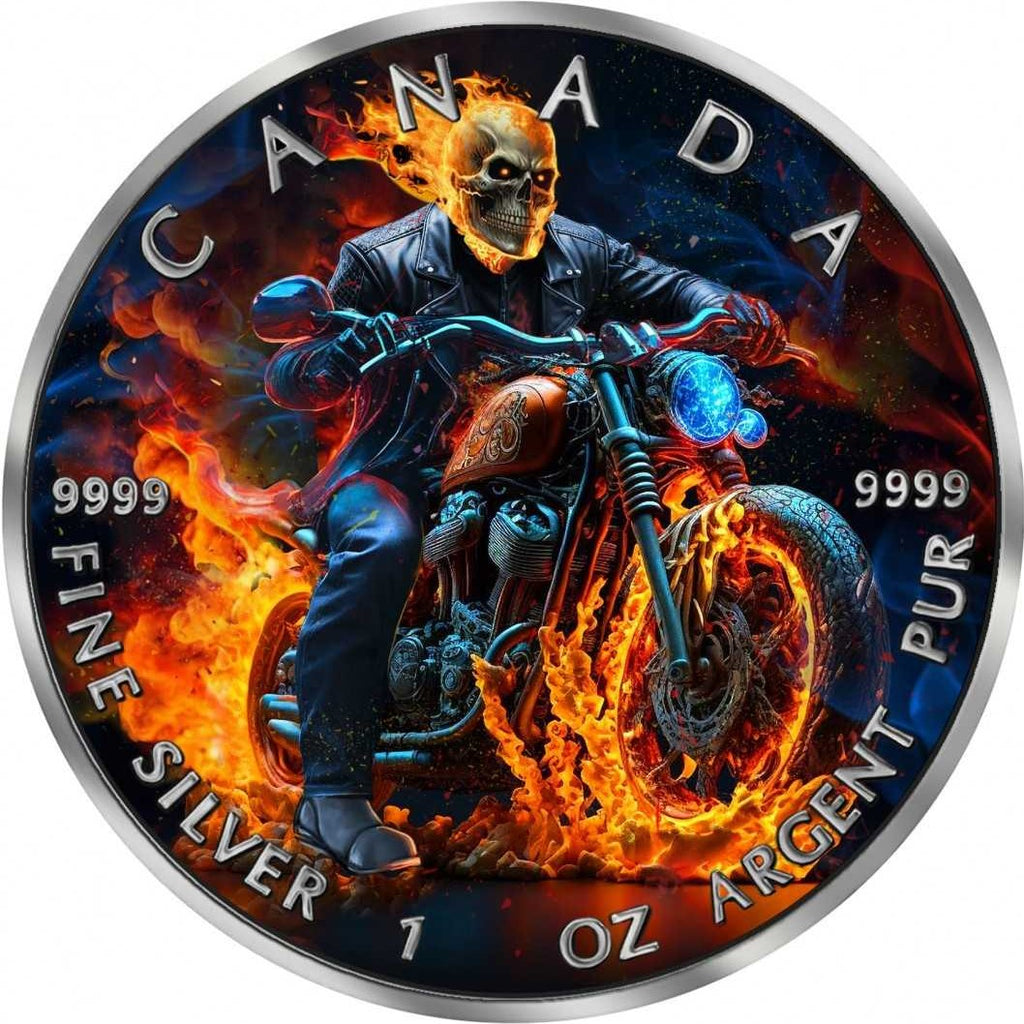 Canada 2023 $5 BURNING RIDER Dark Riders 1 Oz .9999 Coloured Silver Coin Reverse