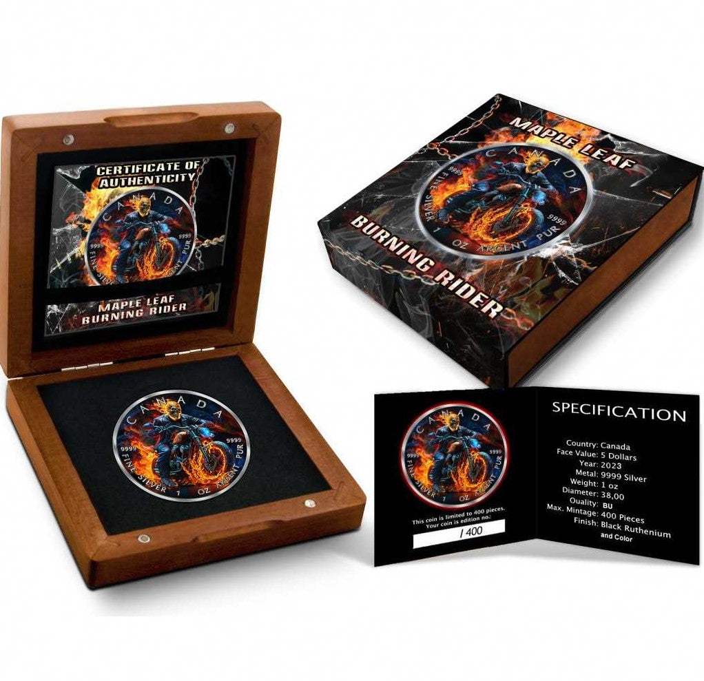 Canada 2023 $5 BURNING RIDER Dark Riders 1 Oz .9999 Coloured Silver Coin Case Box and Certificate