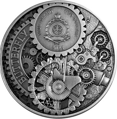 Niue 2023 $5 BUTTERFLY PUNK ART 2oz Antique Coloured Silver Coin Obverse