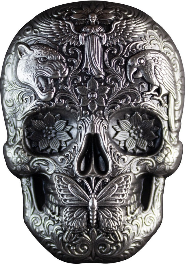 PRE-ORDER South Korea 2026 KOMSCO CALAVERA de PLATA Skull Silver Antiqued UHR Stacker Obverse