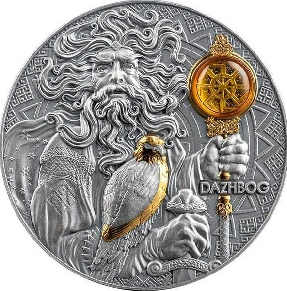 Niue 2024 $5 DAZHBOG Divine Faces Of The Sun 3oz Gilded Antique Silver Coin