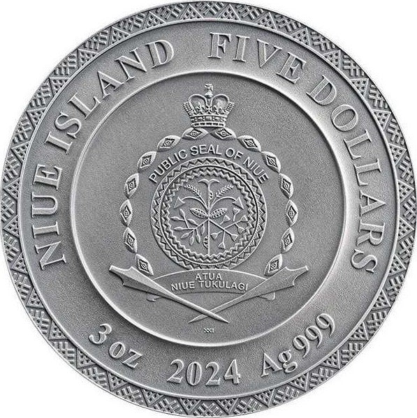 Niue 2024 $5 DAZHBOG Divine Faces Of The Sun 3oz Gilded Antique Silver Coin