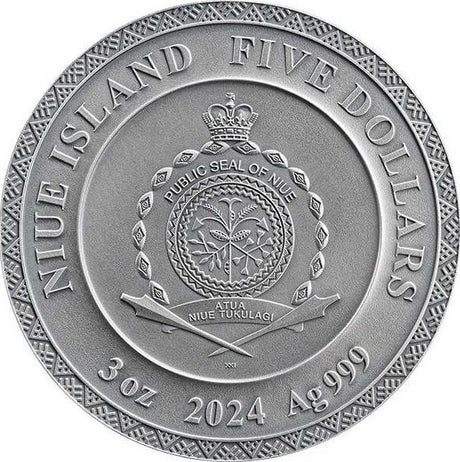 Niue 2024 $5 DAZHBOG Divine Faces Of The Sun 3oz Gilded Antique Silver Coin