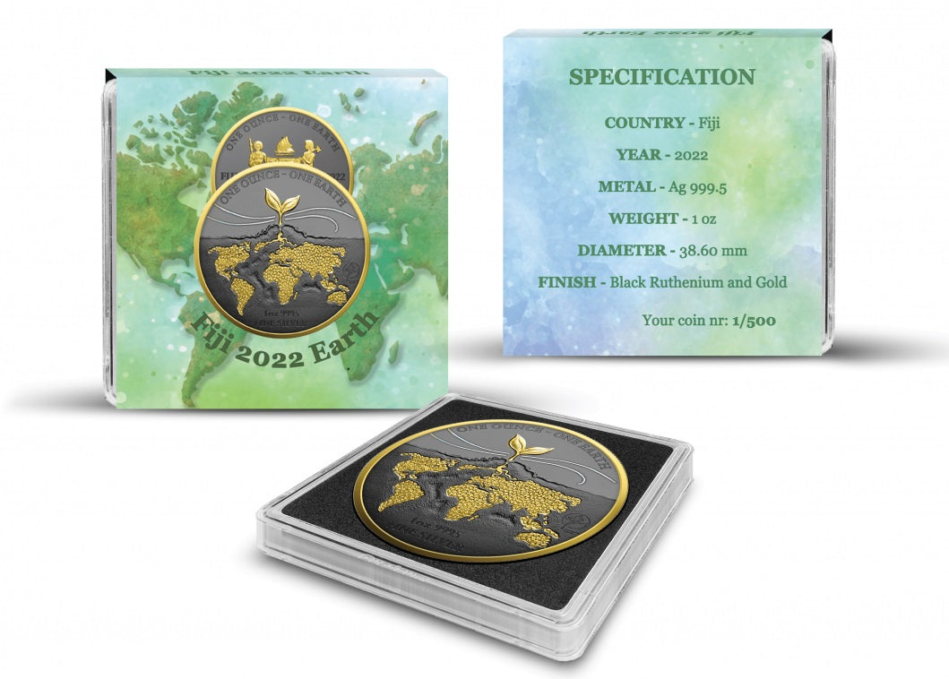 Fiji 2022 $1 EARTH Black Rhuthenium and Gilded 1 oz Silver Coin