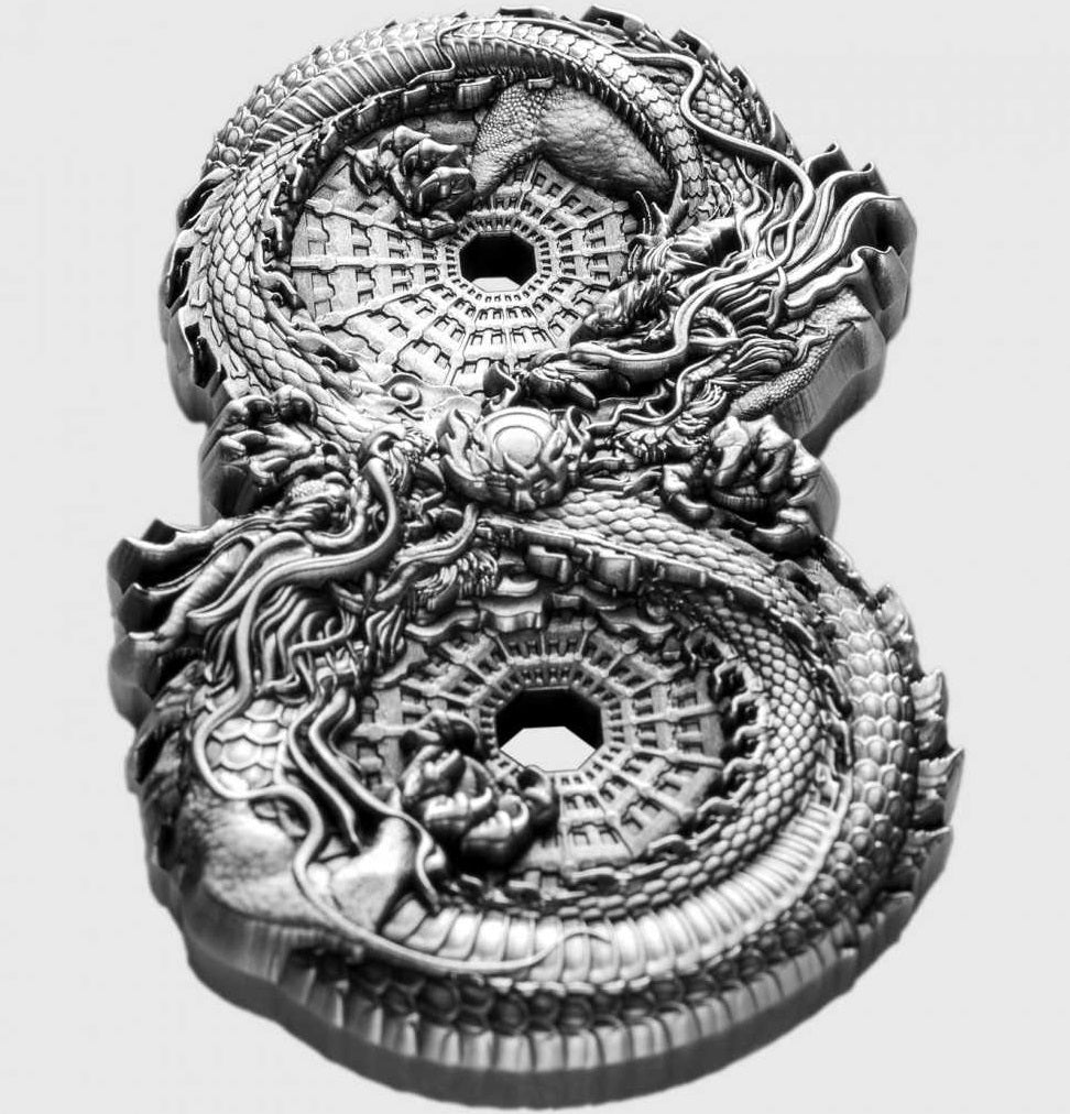 Chad / Republique du Tchad 2024 15000 Francs FIGURE EIGHT DRAGONS 3 Oz Antique Silver