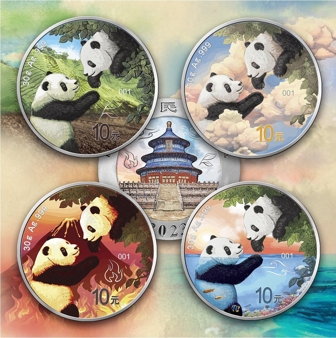 China 2023 10 Yuan  Panda Four Elements EARTH AIR FIRE WATER Set of 4 x 30g .999 Silver Coin