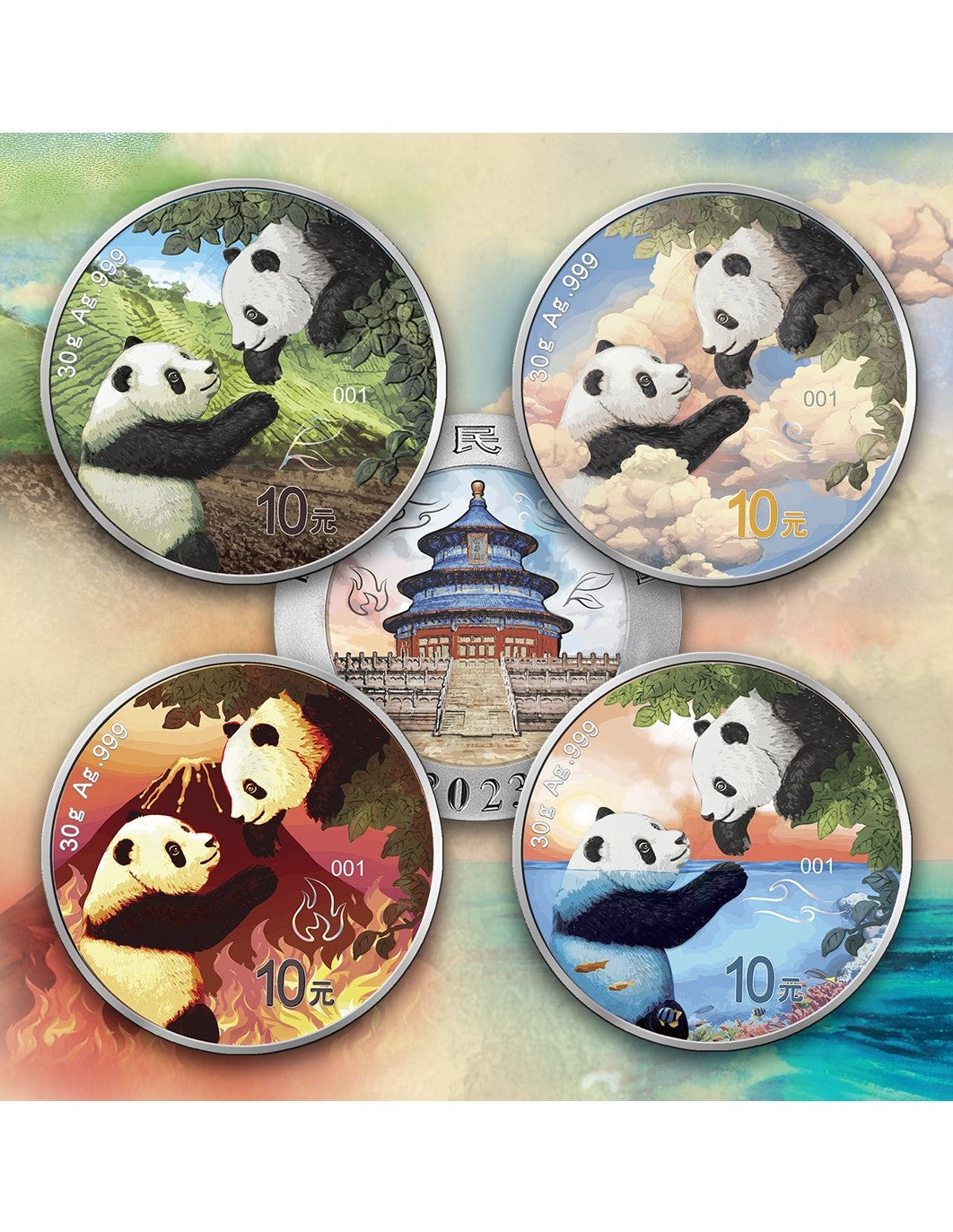 China 2023 10 Yuan WATER Panda Four Elements 30g .999 Silver Coin