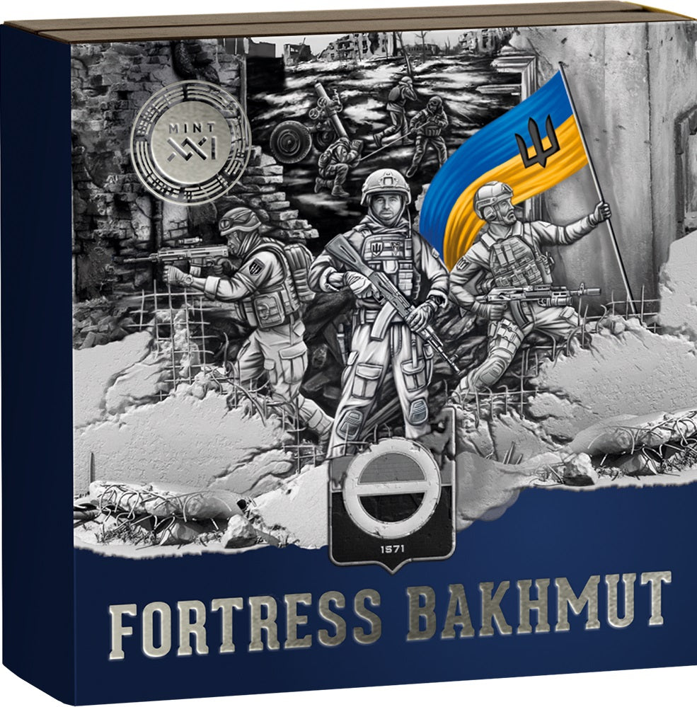 Ghana 2023 10 Cedis Fortress Bakhmut Land Of Freedom Ukraine 2 Oz Coloured Antique Silver Box