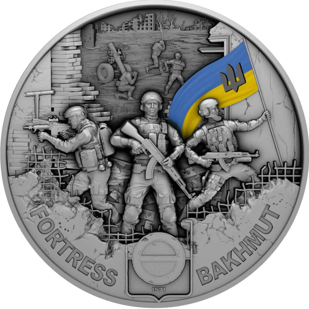 Ghana 2023 10 Cedis Fortress Bakhmut Land Of Freedom Ukraine 2 Oz Coloured Antique Silver Reverse