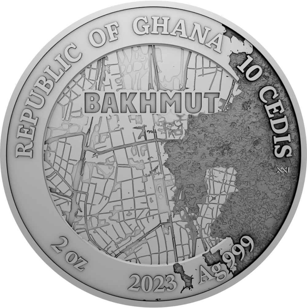 Ghana 2023 10 Cedis Fortress Bakhmut Land Of Freedom Ukraine 2 Oz Coloured Antique Silver Obverse