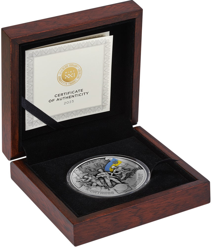 Ghana 2023 10 Cedis Fortress Bakhmut Land Of Freedom Ukraine 2 Oz Coloured Antique Silver Case