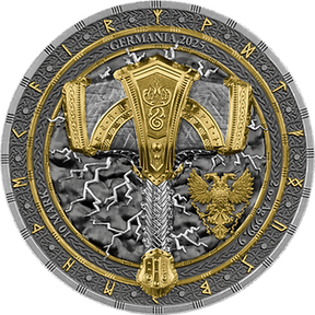 Decorative coin with intricate designs and text, featuring gold and silver colors.