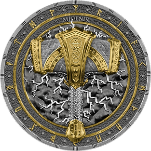 Decorative emblem with gold and silver design on a gray background