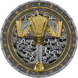 Decorative emblem with gold and silver design on a gray background