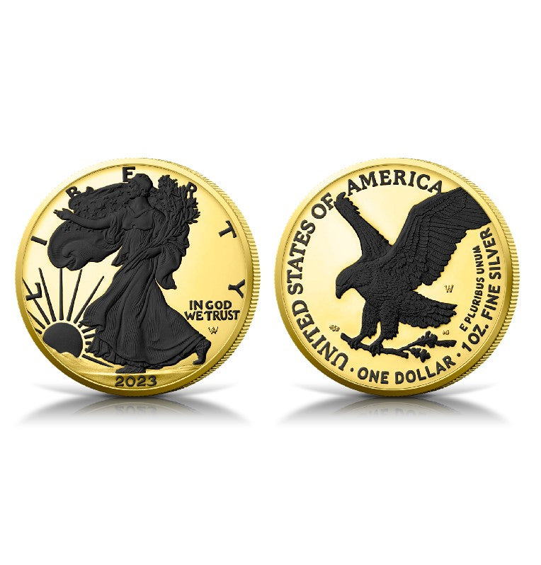 United States of America 2023 $1 GOLD BLACK PLATINUM American Eagle 1oz Silver Coin Reverse and Obverse