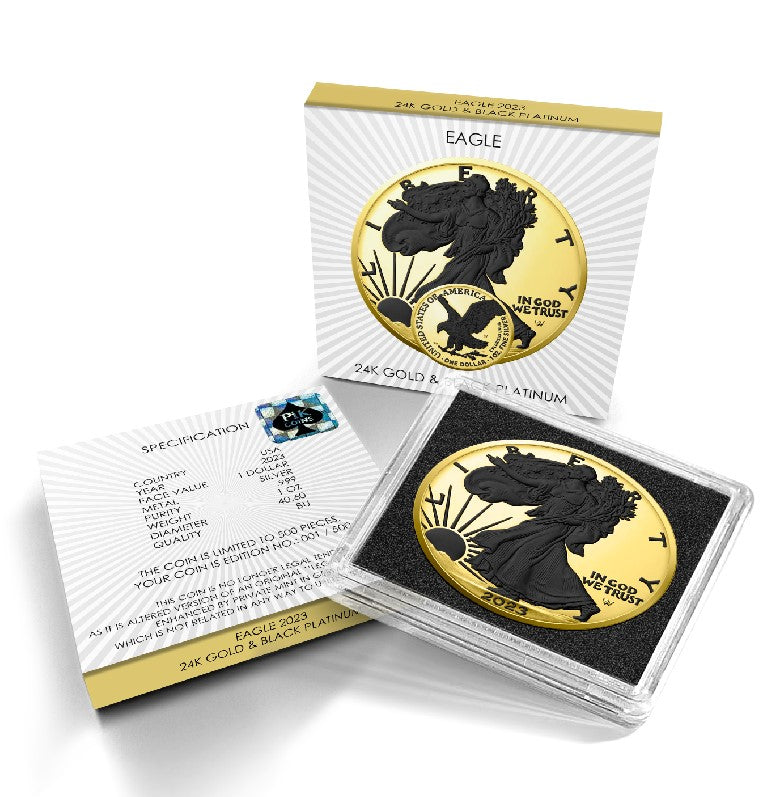 United States of America 2023 $1 GOLD BLACK PLATINUM American Eagle 1oz Silver Coin Shipper Box and Case