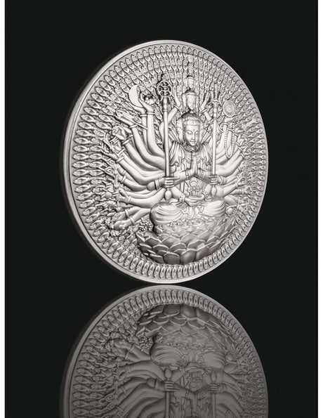Tchad 2024 10000 CFA Francs GUAN YIN Thousand-armed Thousand-eyed Bodhisattva of Compassion Antique Silver Approx. 1.3 Kilos Obverse Banner