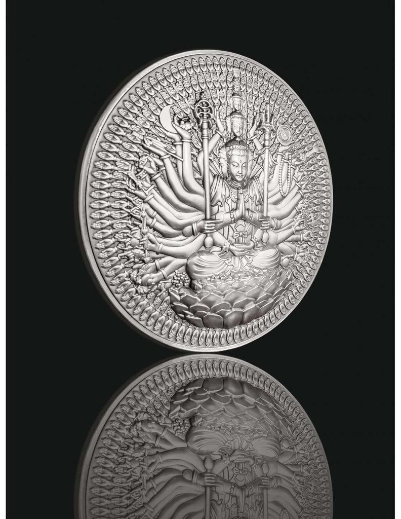 Tchad 2024 10000 CFA Francs GUAN YIN Thousand-armed Thousand-eyed Bodhisattva of Compassion Antique Silver Approx. 1.3 Kilos Obverse Banner