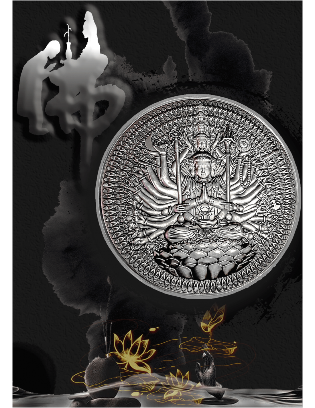 Tchad 2024 10000 CFA Francs GUAN YIN Thousand-armed Thousand-eyed Bodhisattva of Compassion Antique Silver Approx. 1.3 Kilos Vertical Banner