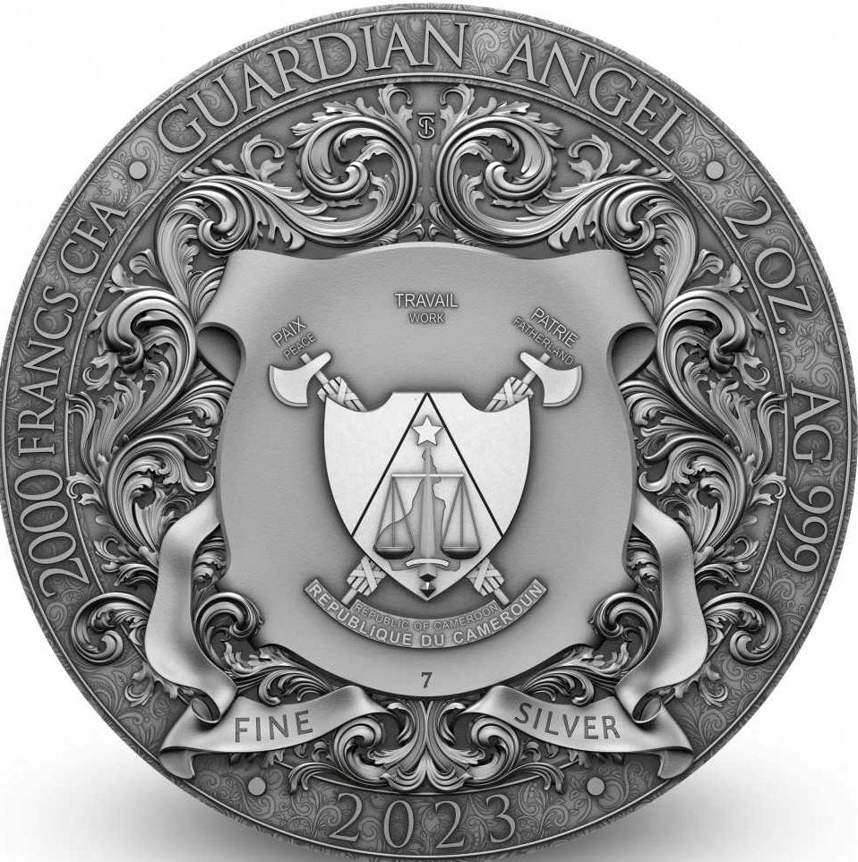 Cameroon 2023 2000 Francs GUARDIAN ANGEL 2oz .999 Antique Silver Gilded Coin Obverse
