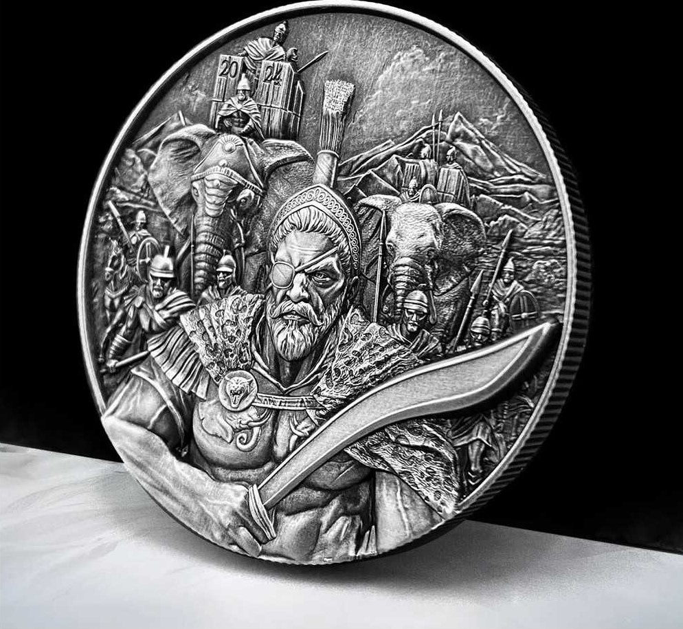 Chad 2024 10000 Francs HANNIBAL Masters of War 2 Oz Antique Silver Coin Reverse Banner