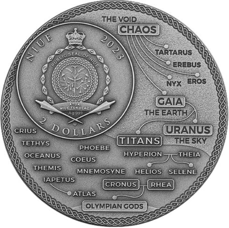 Niue 2023 $2 HELIOS Greek Titans 2oz Antique Silver Coin Obverse